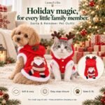 Small dog and cat in red Santa and reindeer Christmas outfits, with soft fabric, snap closure and S–XL size highlights