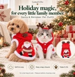 Small dog and cat in red Santa and reindeer Christmas outfits, with soft fabric, snap closure and S–XL size highlights