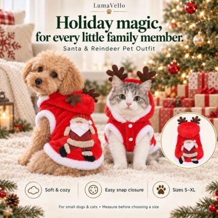Small dog and cat in red Santa and reindeer Christmas outfits, with soft fabric, snap closure and S–XL size highlights