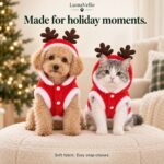 Front view of a small dog and cat wearing red Christmas pet outfits