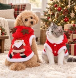 Small dog and cat together in a warm Christmas living room
