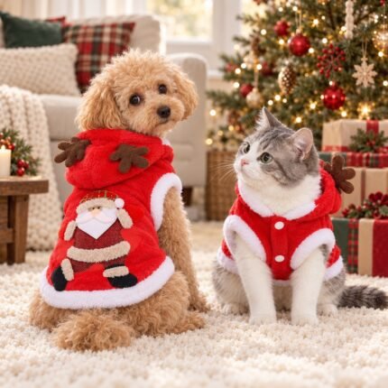 Small dog and cat together in a warm Christmas living room