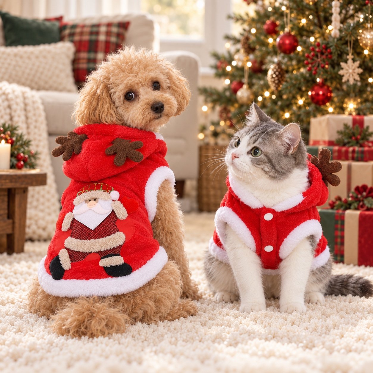 Small dog and cat styled in red Santa and reindeer Christmas outfits in a cozy holiday room