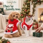 Christmas gift moment with a dog and cat wearing festive red outfits