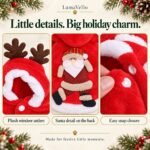 Close-up details of plush reindeer antlers, Santa back applique and white snap closure