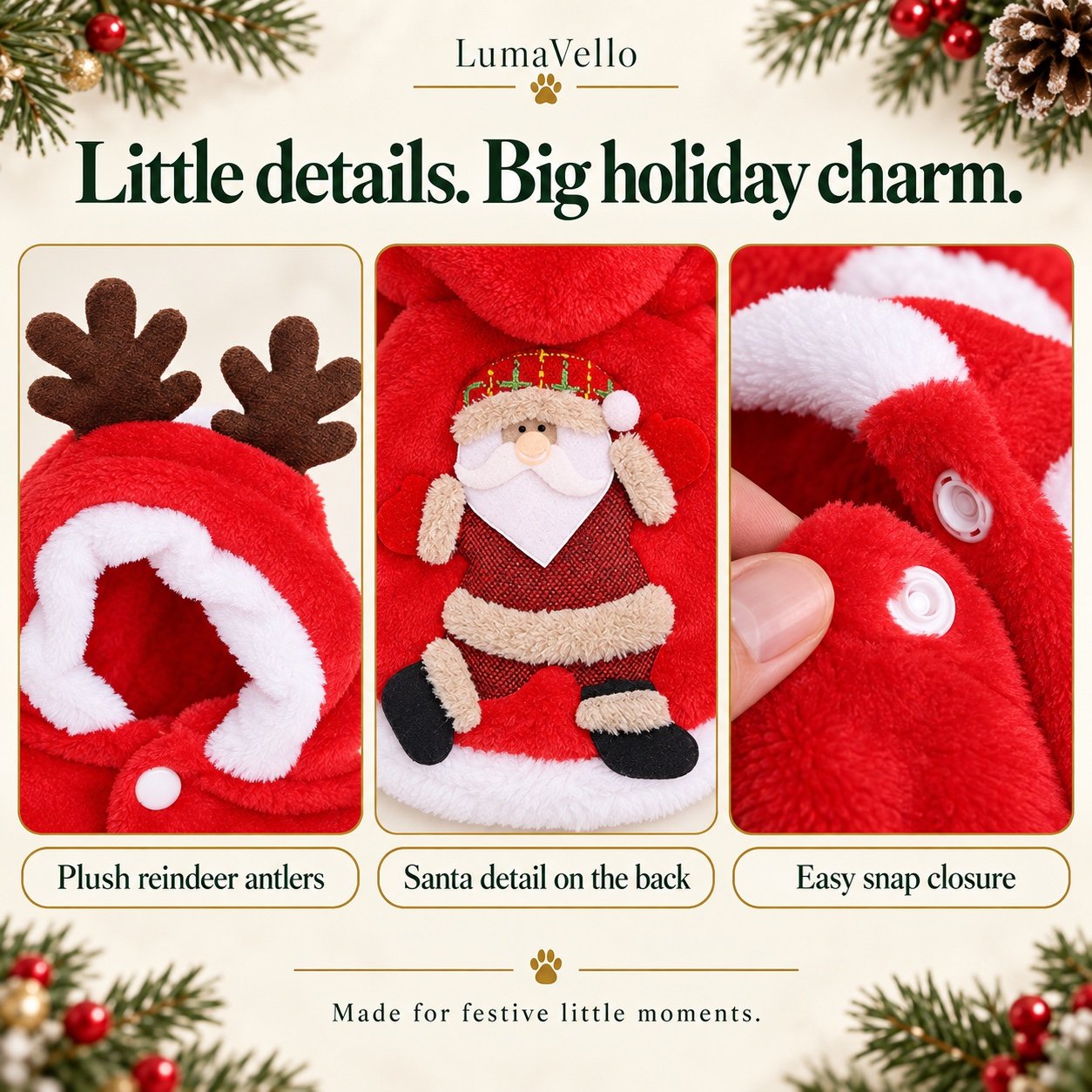 Close-up views of plush reindeer antlers, Santa back detail and white snap closure