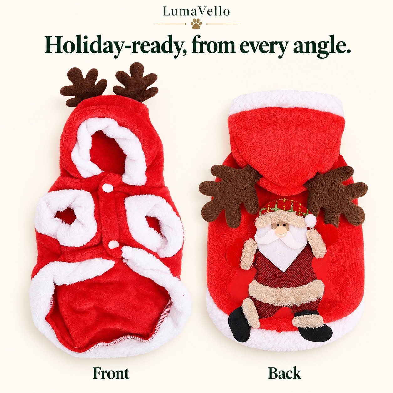 Front and back views of the red Santa and reindeer pet outfit