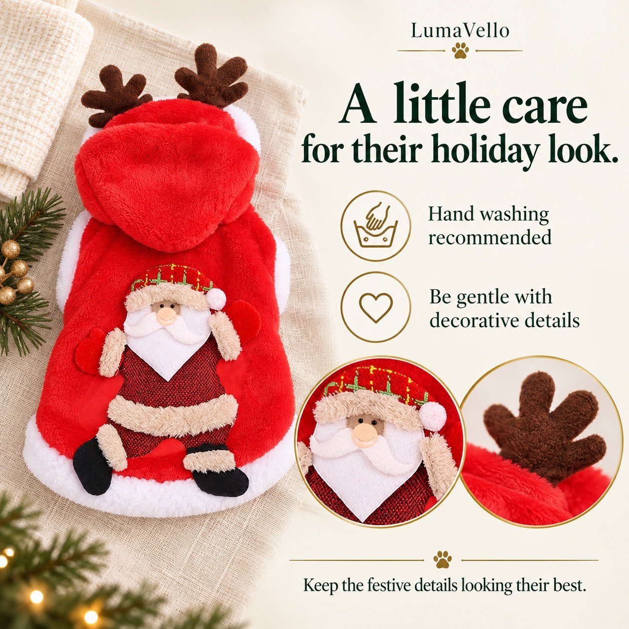 Hand-washing guidance and details of the Santa applique and plush reindeer antlers