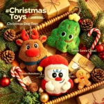 Three Christmas plush rope dog toy designs together: reindeer, Christmas tree and Santa