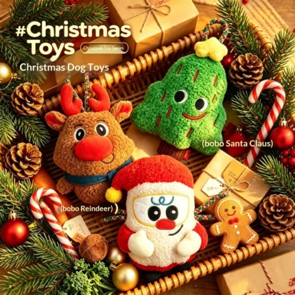 Three Christmas plush rope dog toy designs together: reindeer, Christmas tree and Santa