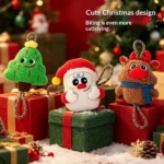Three Christmas plush rope dog toy variants together on gift boxes: tree, Santa and reindeer
