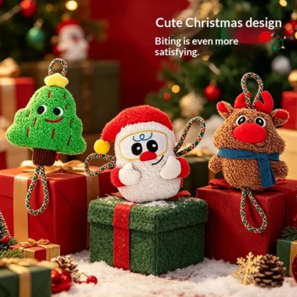 Three Christmas plush rope dog toy variants together on gift boxes: tree, Santa and reindeer
